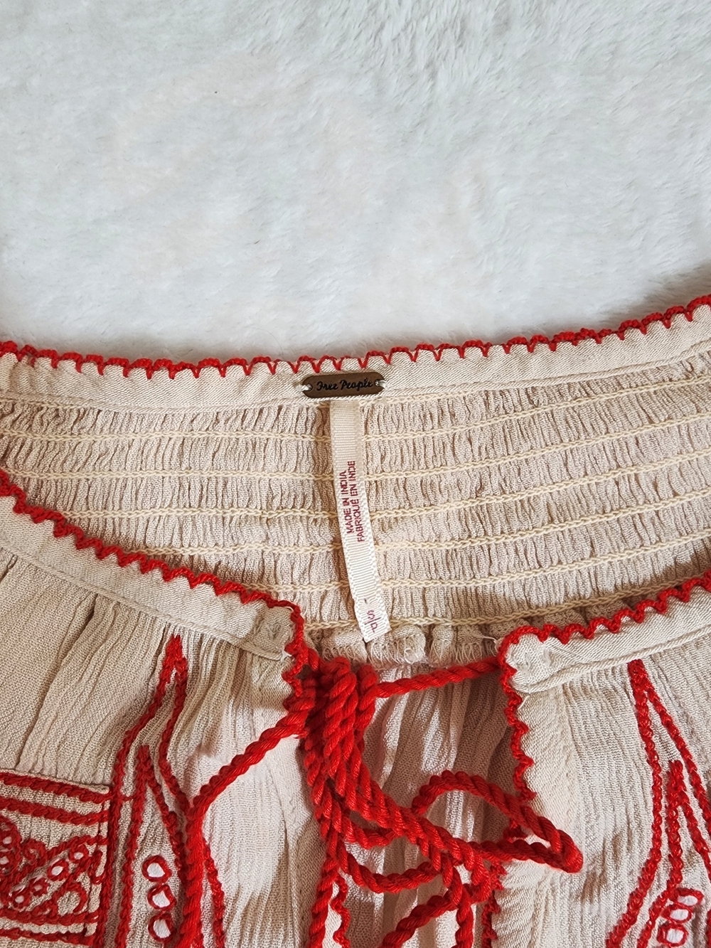 Free People Wind Willow Embroidered Mini Dress S Ivory Red Boho Peasant Dress - Picture 7 of 13